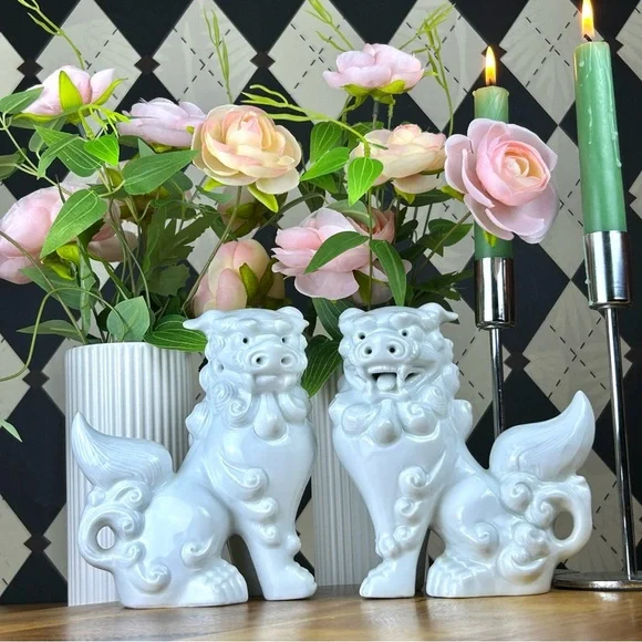 Foo Dog Pair Luxury White Set Ceramic Chinoiserie Guardians Vintage Luxury 6” - Picture 6 of 12